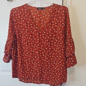 Chic Rust Polka‎ Dot Blouse with Ruffled Sleeves NWOT